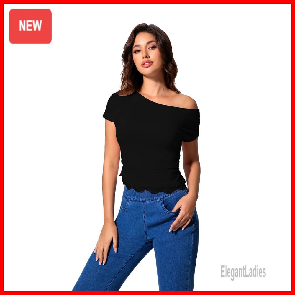 Off-Shoulder Short Sleeve Top, Casual Women's Tee, Everyday Wear